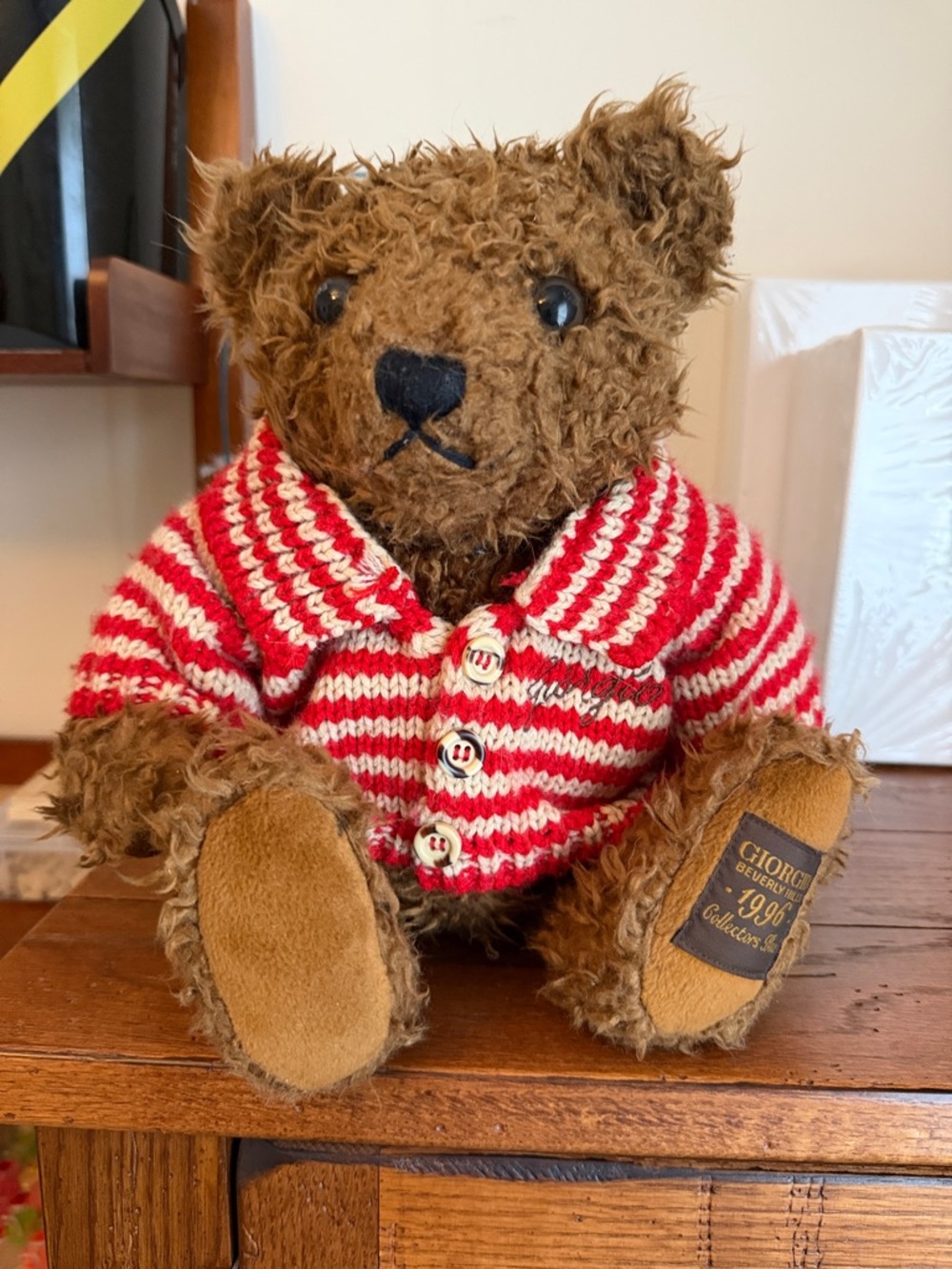 Vintage Giorgio Beverly Hills Brown Teddy Bear in Red & White Striped Sweater